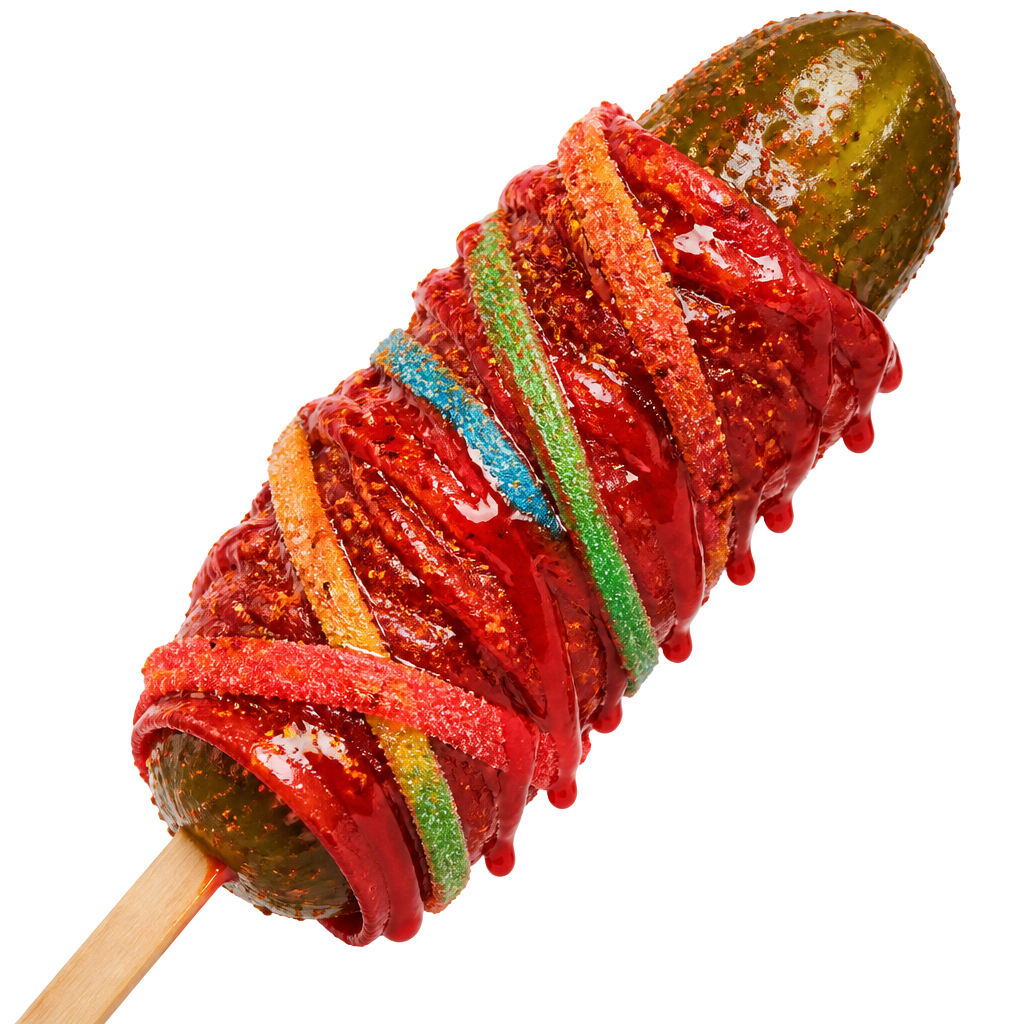 Chamoy Pickle at Paleteria La Chilindrina — a crunchy pickle on a stick wrapped in a fruit roll-up with chamoy, tajín and sour candy