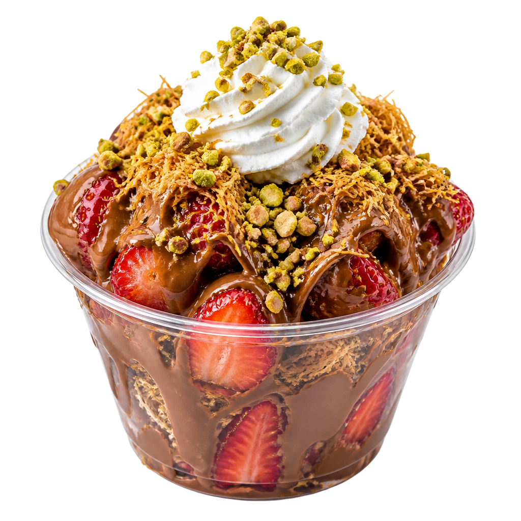 Fresas Dubai at Paleteria La Chilindrina — fresh strawberries covered in Dubai chocolate with crunchy kataifi and pistachio